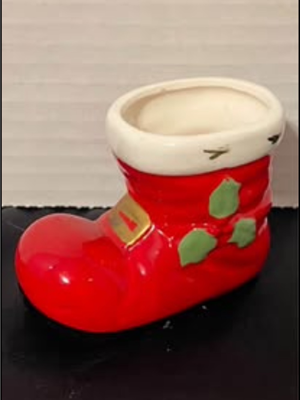 Lefton Red Ceramic Holiday Boot with White Cuff and Green Holly Leaves 2.5”